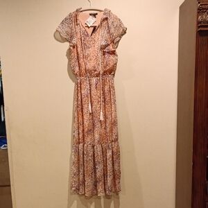 Women's Peach Floral Tiered Maxi Dress with Drawstring